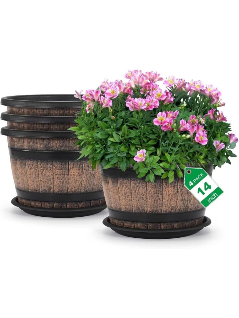 4 Pack 14" Large Whiskey Barrel Planters with Drainage & Saucer - Indoor/Outdoor